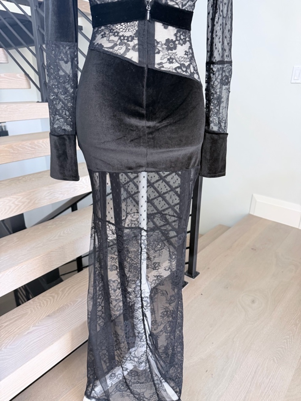 Sheer Panel Black Evening Maxi Dress with Deep V and Open back size XS - Picture 11 of 15